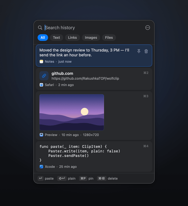 WolfClip: open, browse, search, filter and pin clipboard history